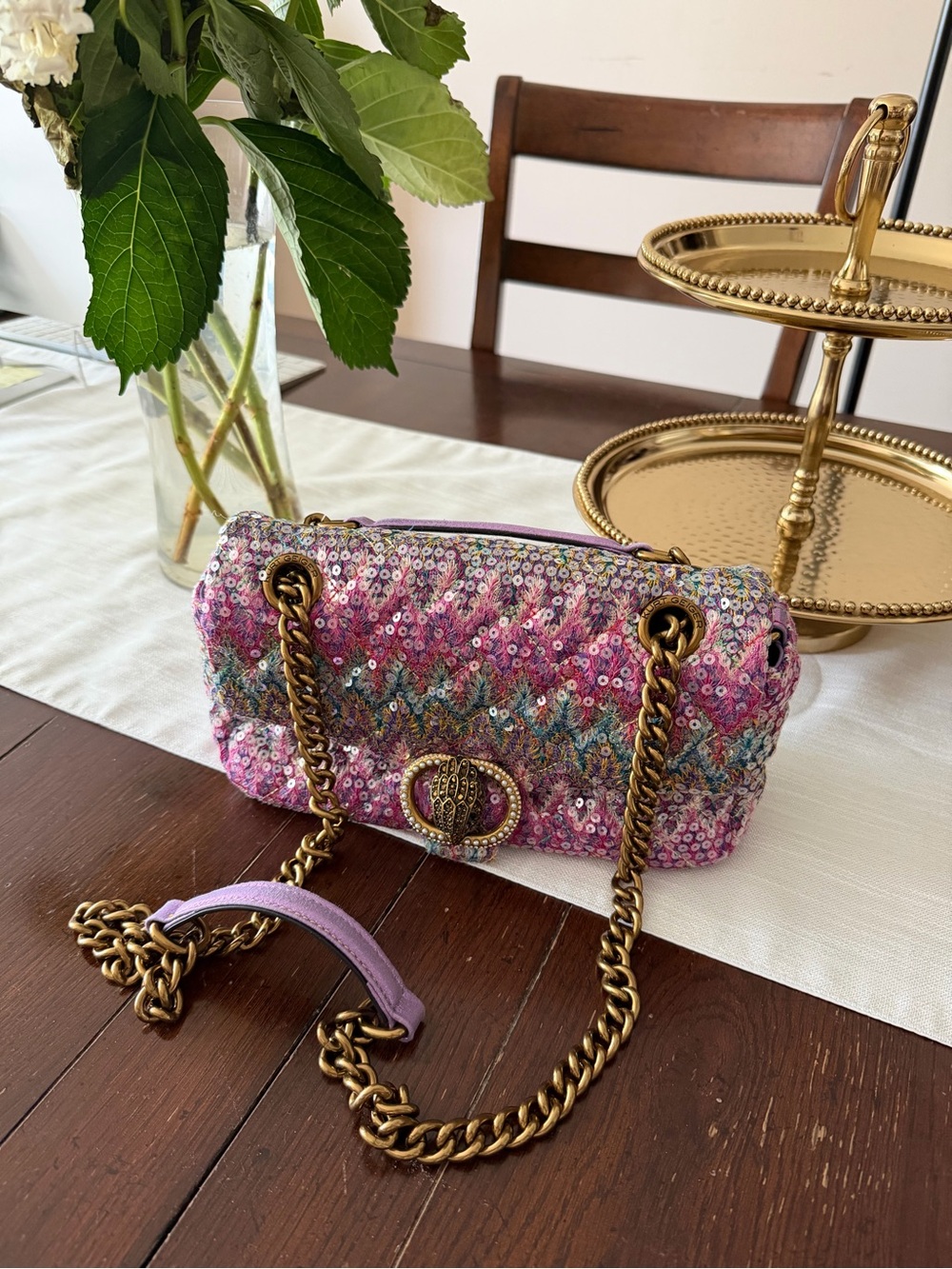 Kurt Geiger Pink Sequin Embellished Shoulder Bag with Gold Chain